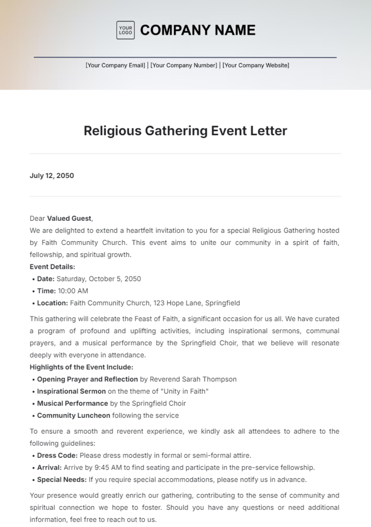 Religious Gathering Event Letter Template - Edit Online & Download