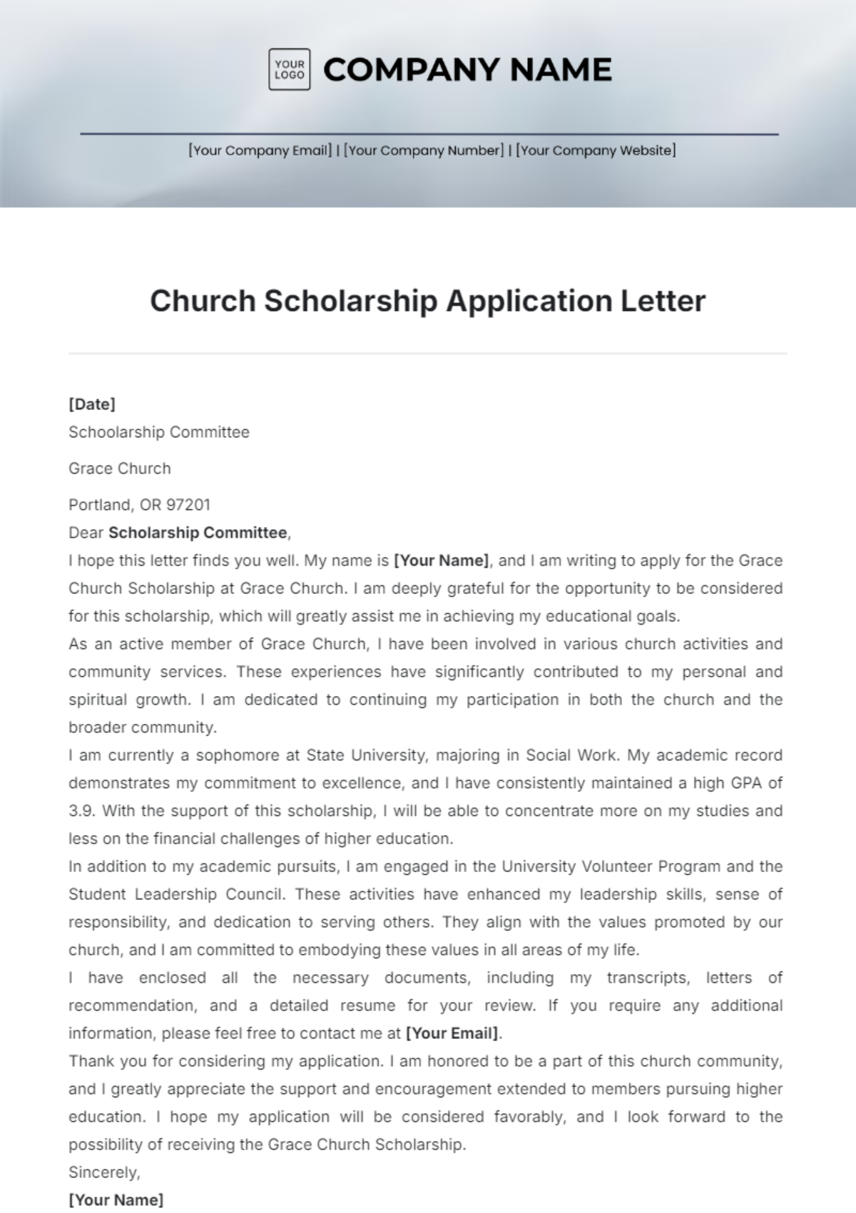 Church Scholarship Application Letter Template - Edit Online & Download