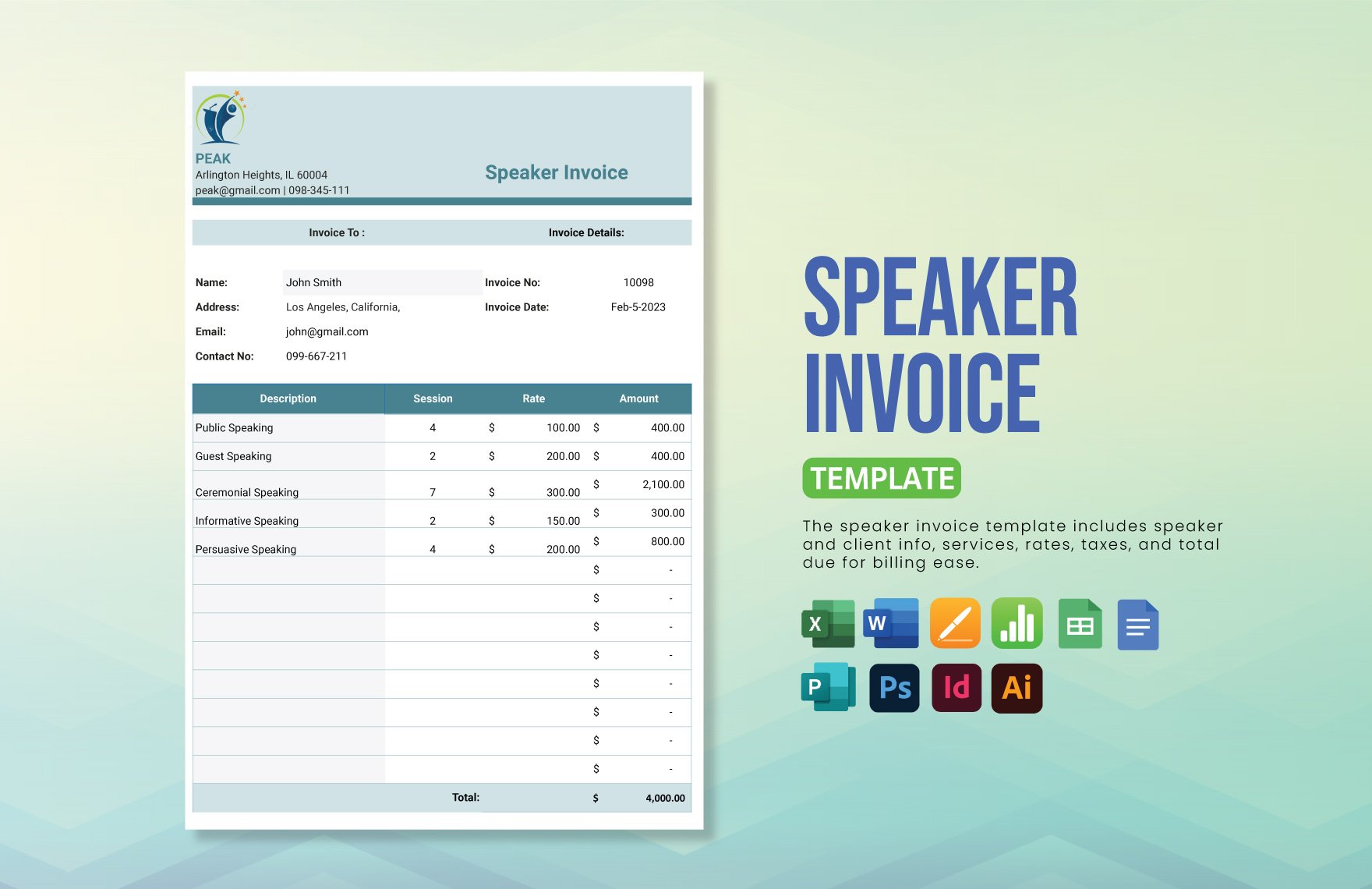 Speaker Invoice Template in Word, Google Docs, Excel, PDF, Google Sheets, Illustrator, PSD, Apple Pages, InDesign, Apple Numbers
