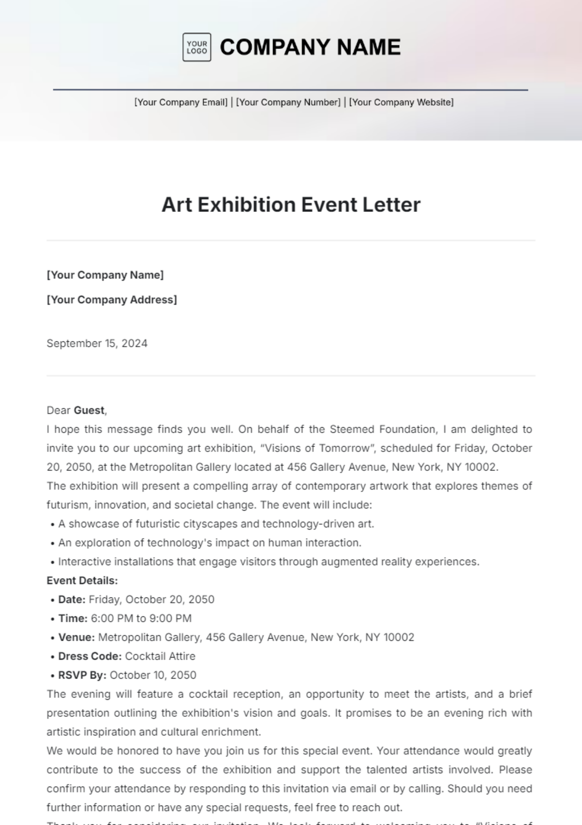 Art Exhibition Event  Letter Template - Edit Online & Download