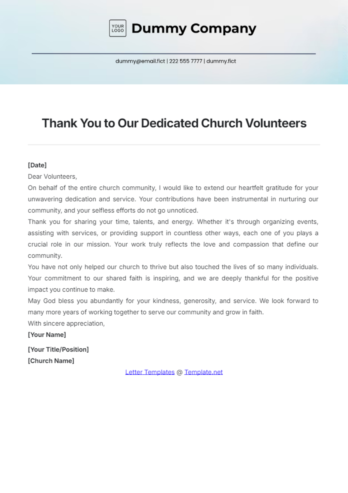 Thank You Letter to Church Volunteers Template - Edit Online & Download