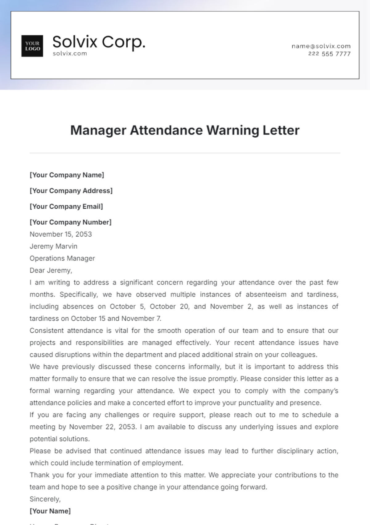 Manager Attendance Warning Letter Template - Edit Online & Download