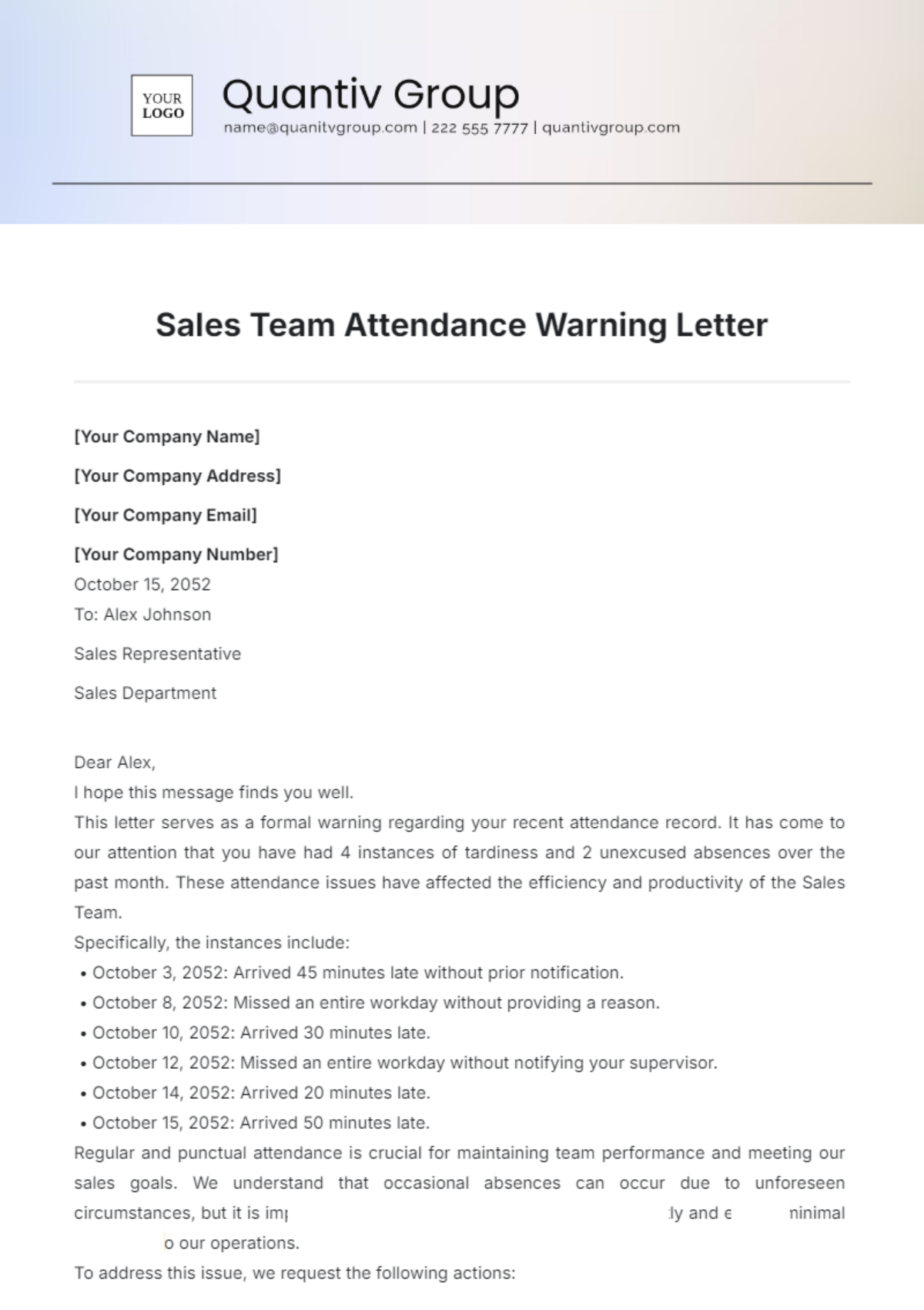 Sales Team Attendance Warning Letter Template - Edit Online & Download