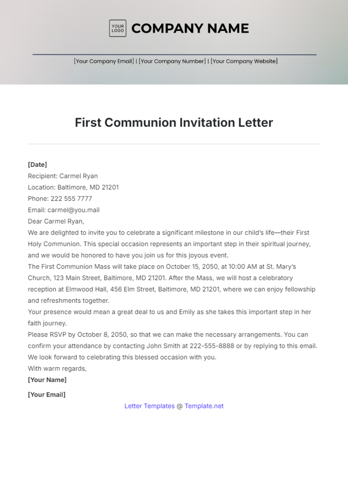 First Communion Invitation Letter Template - Edit Online & Download