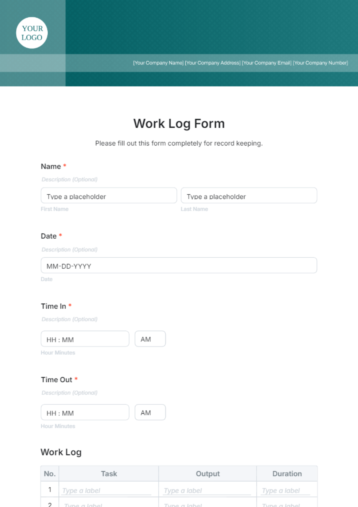 Work Log Form Template - Edit Online & Download