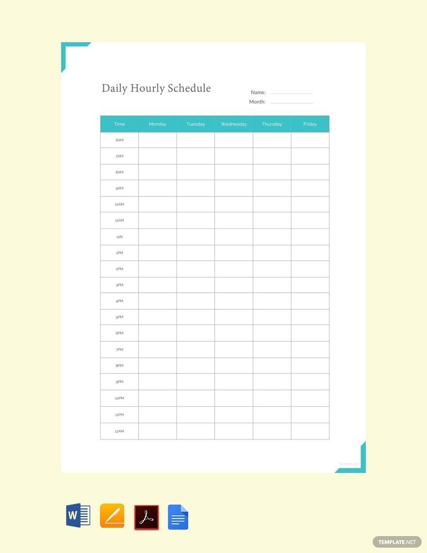 Daily Hourly Schedule Example Template