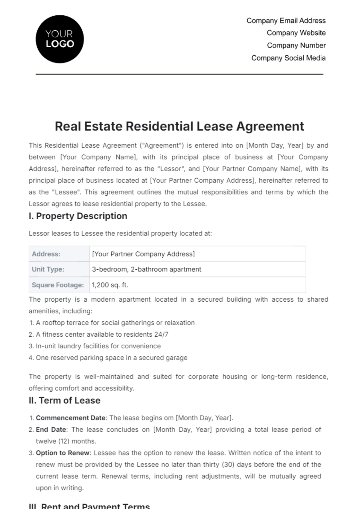 Real Estate Residential Lease Agreement Template - Edit Online & Download