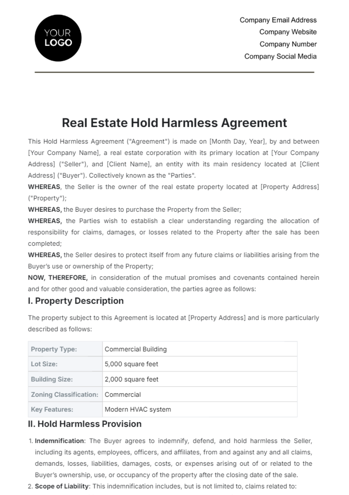 Real Estate Hold Harmless Agreement Template - Edit Online & Download