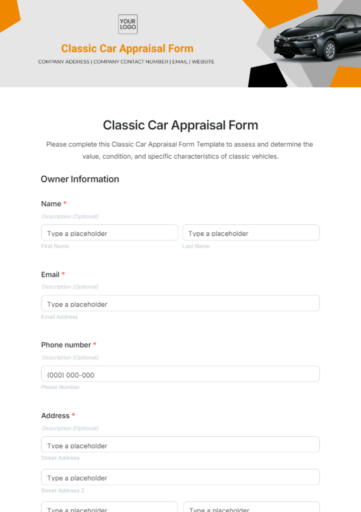 Classic Car Appraisal Form Template - Edit Online & Download