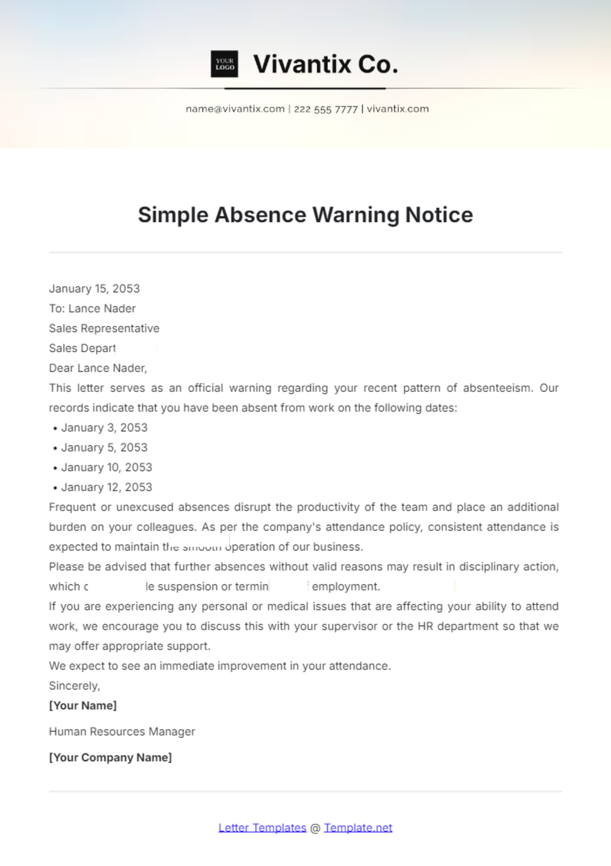 Simple Absence Warning Notice Template - Edit Online & Download