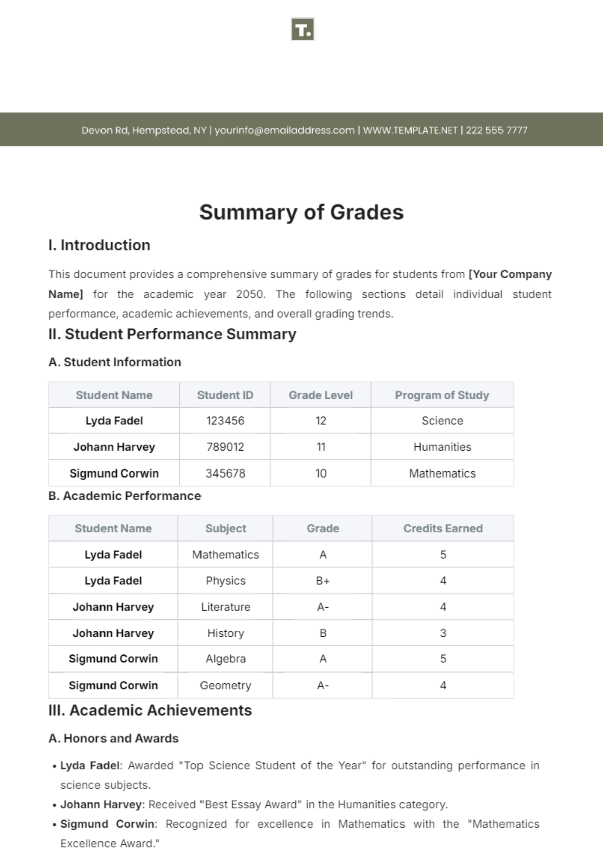 Summary of Grades Template - Edit Online & Download