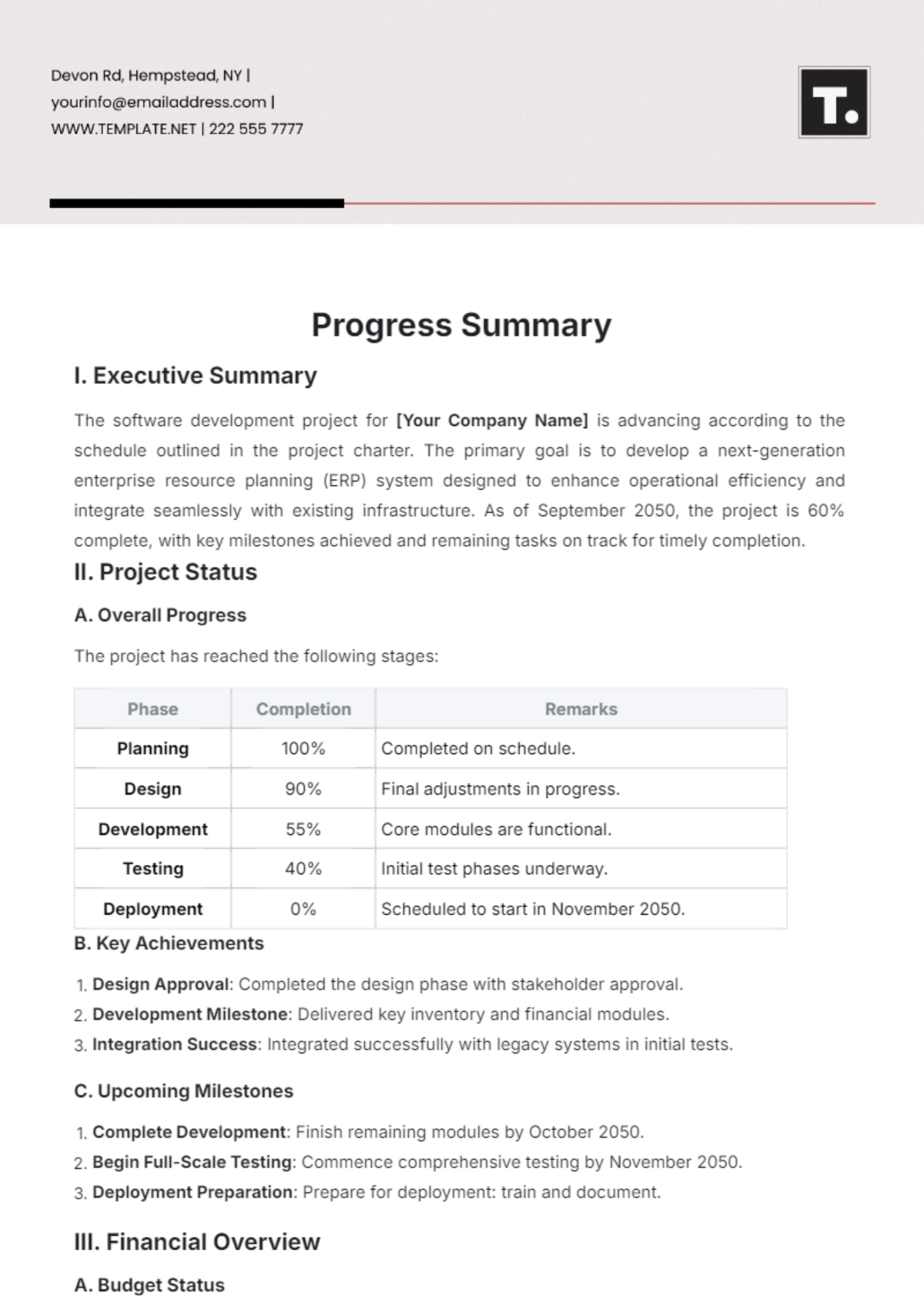 Progress Summary Template - Edit Online & Download