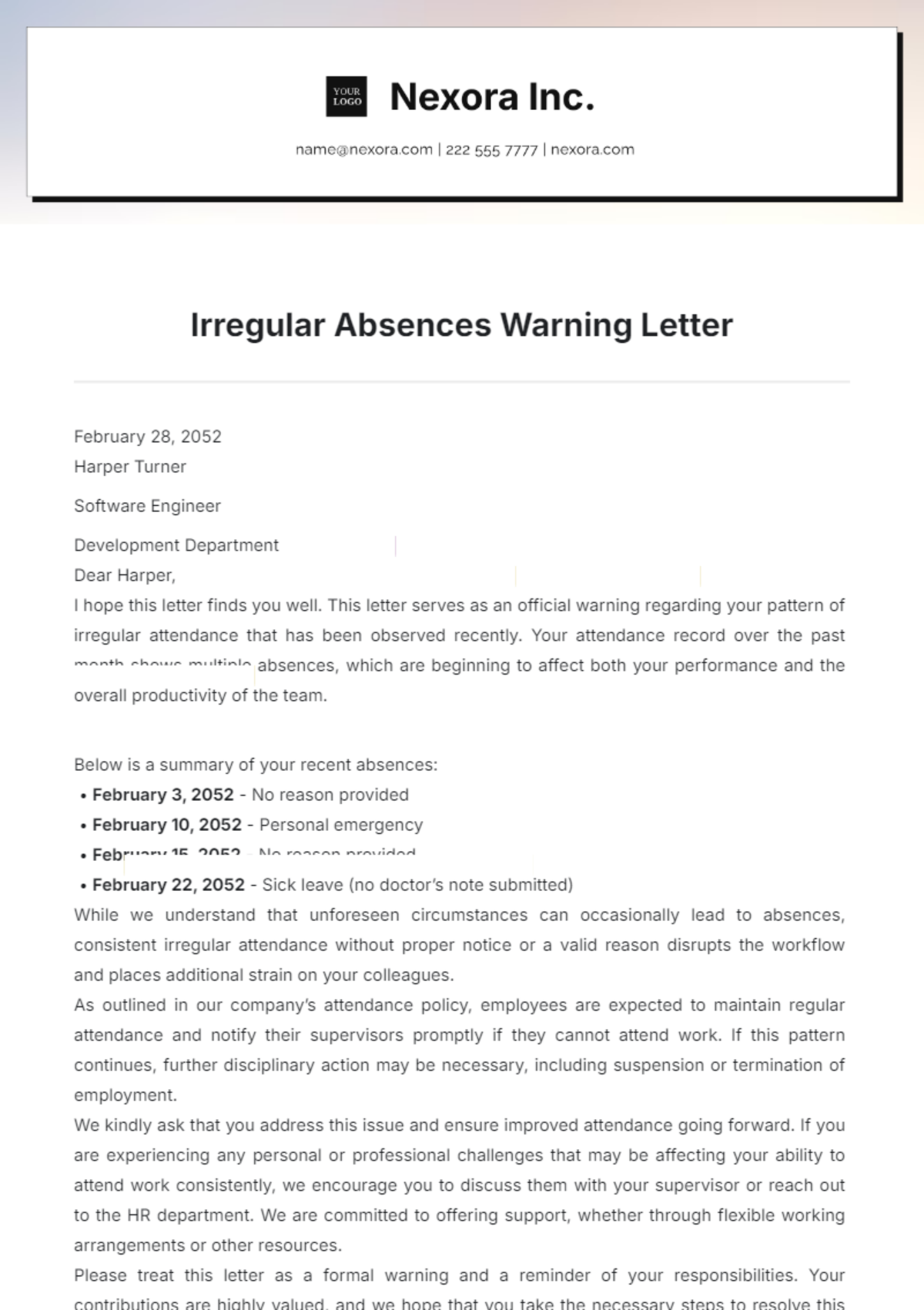 Irregular Absences Warning Letter Template - Edit Online & Download