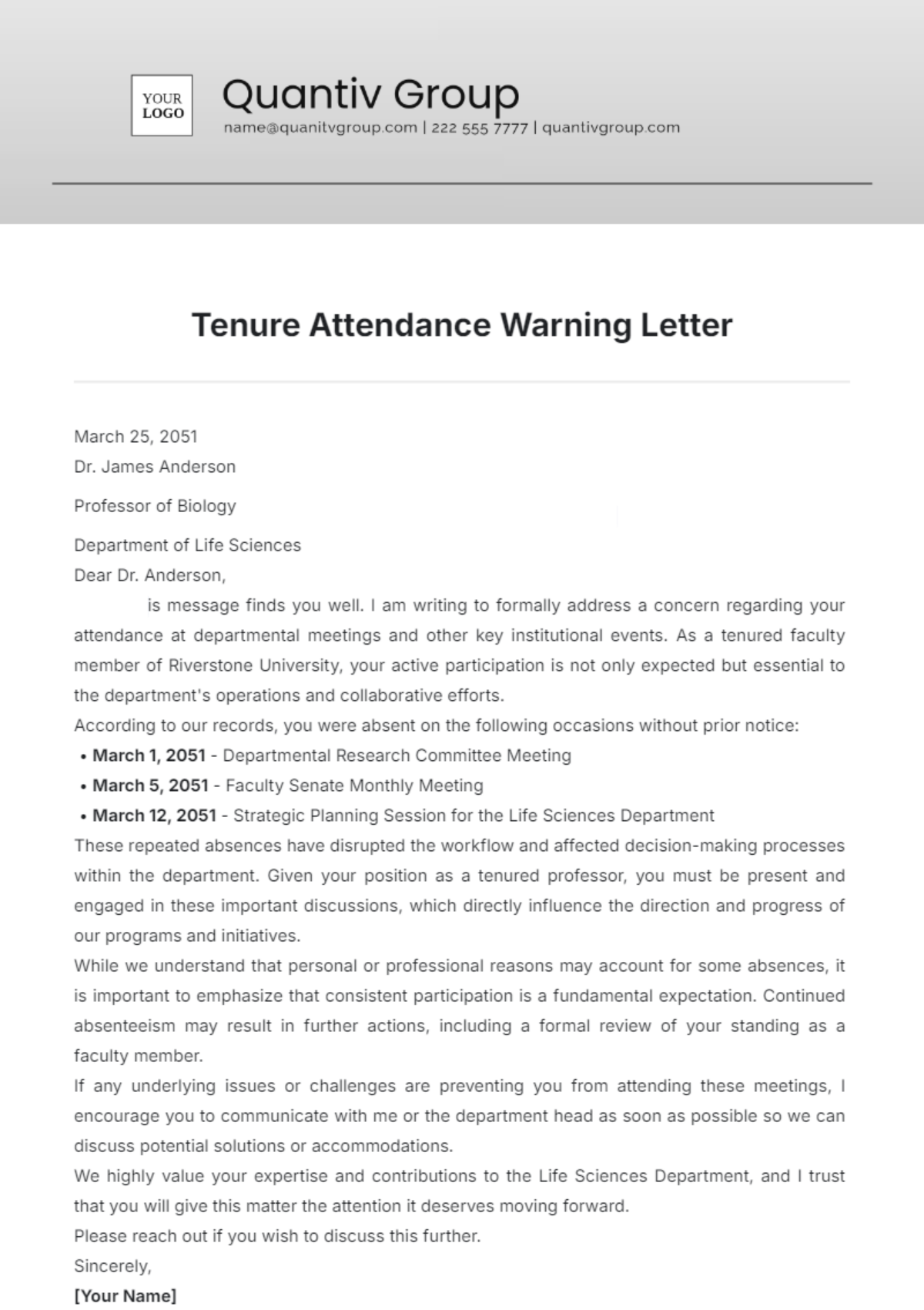 Tenure Attendance Warning Letter Template - Edit Online & Download