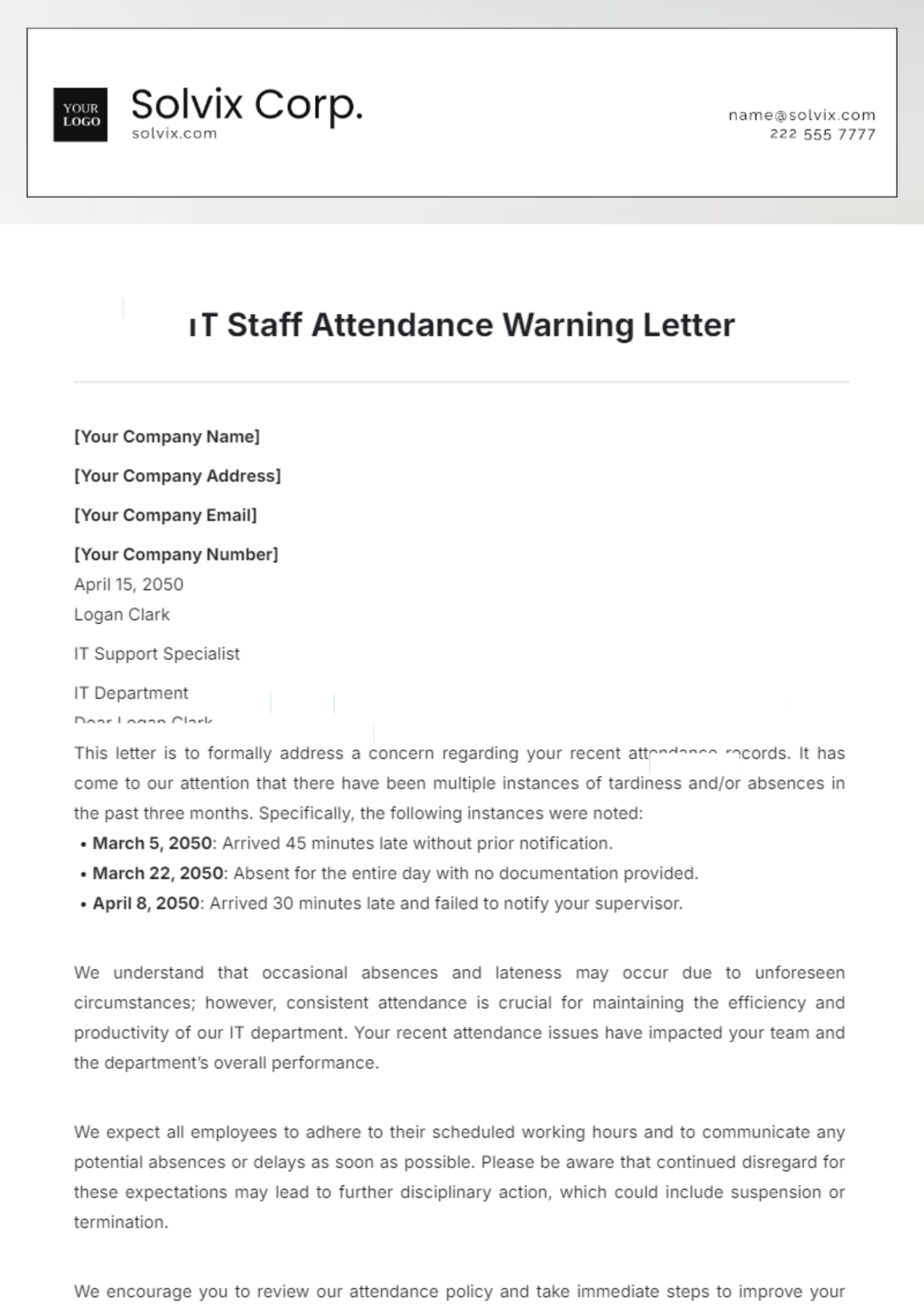 IT Staff Attendance Warning Letter Template - Edit Online & Download