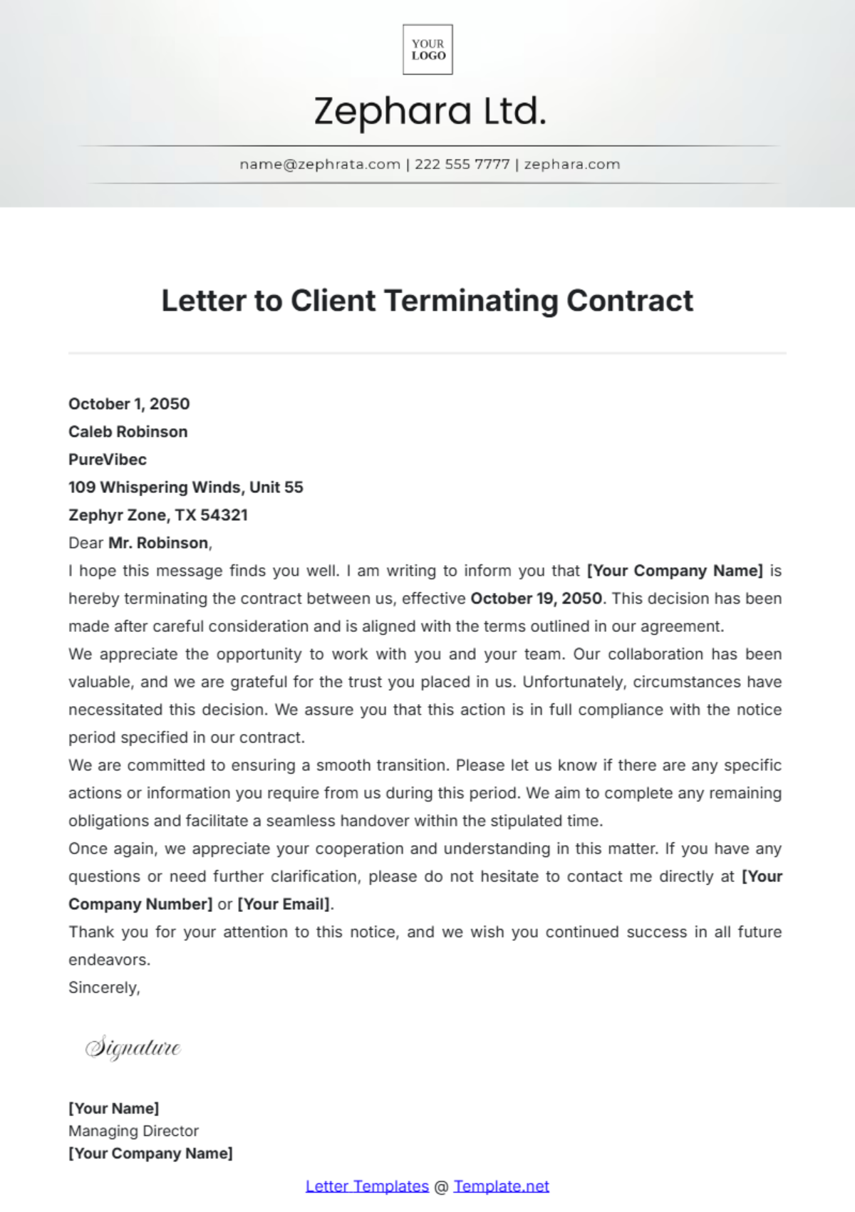 Letter to Client Terminating Contract Template - Edit Online & Download