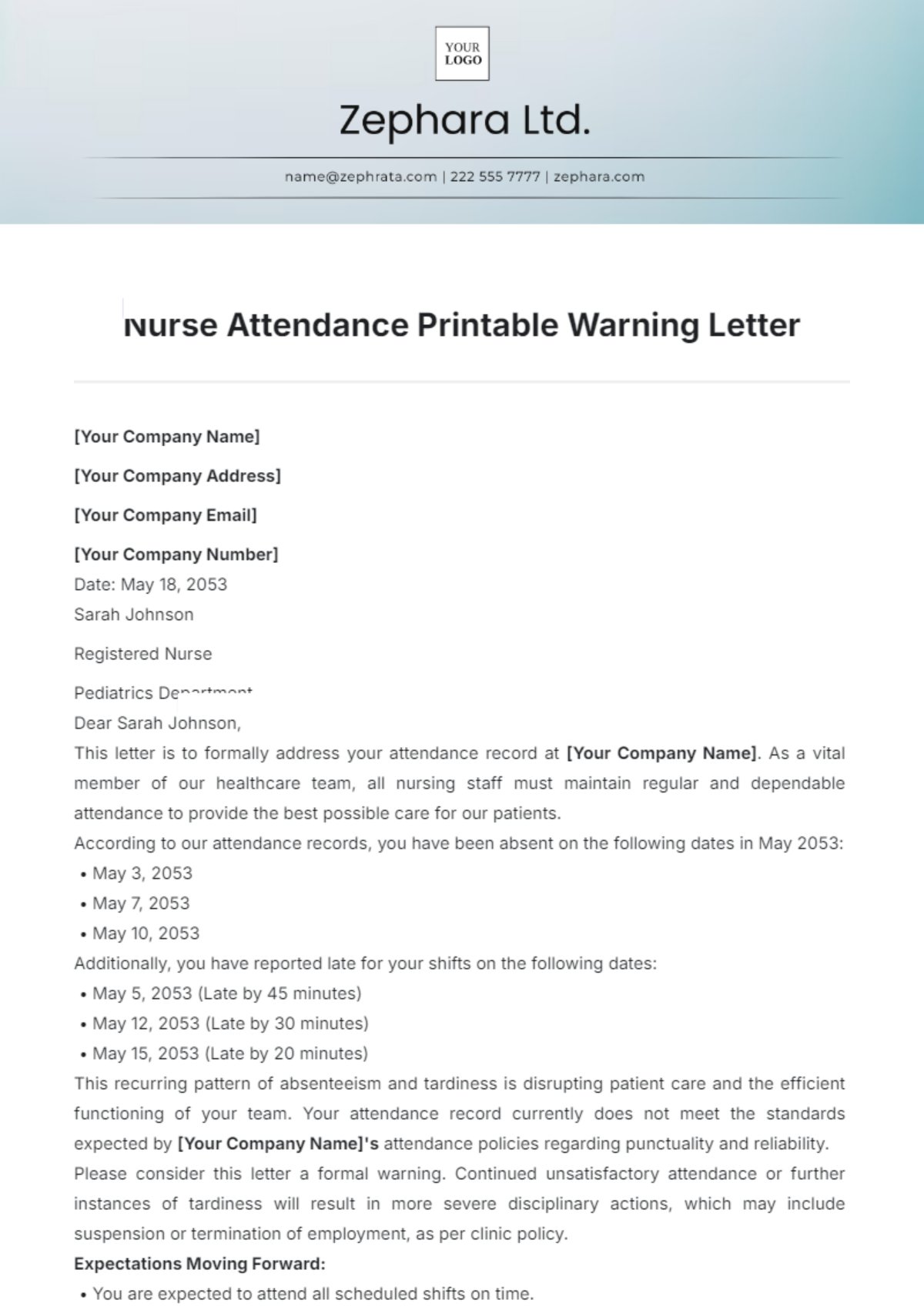 Nurse Attendance Printable Warning Letter Template - Edit Online & Download