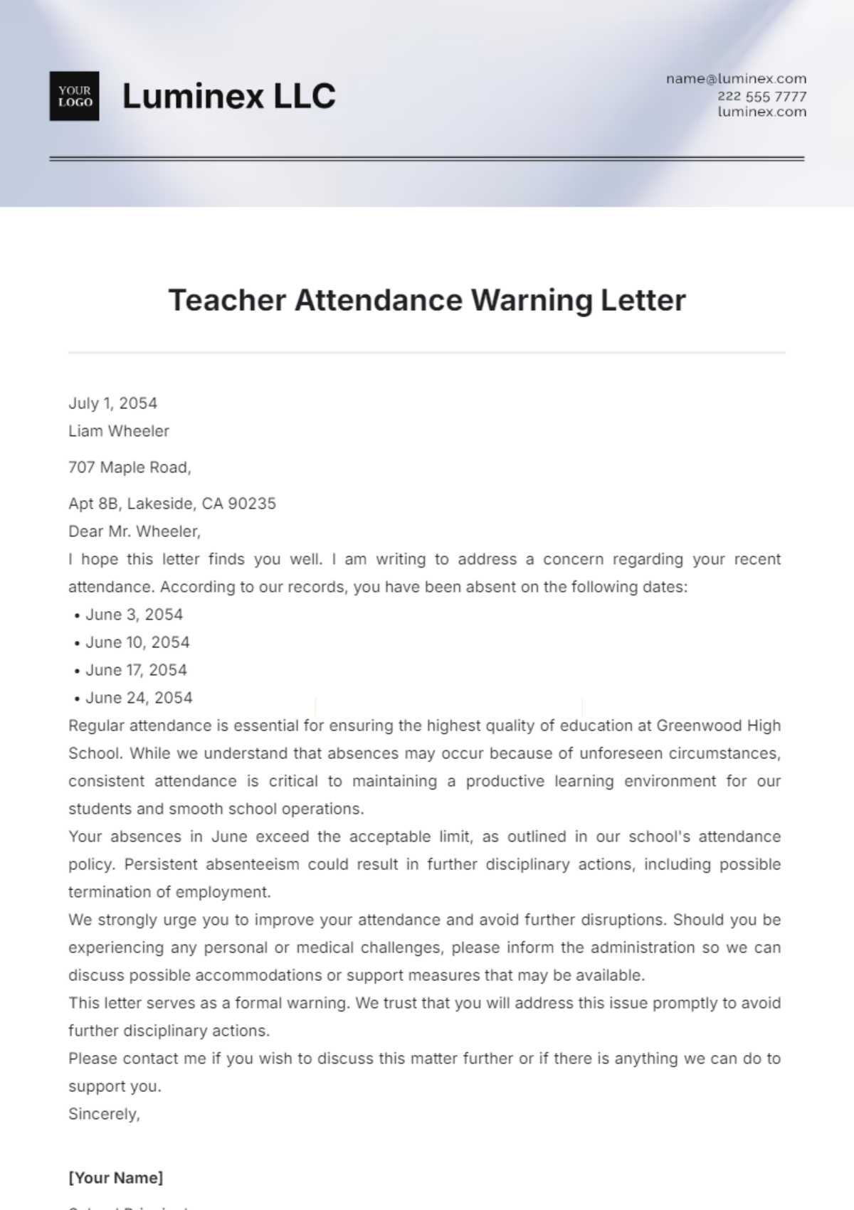 Teacher Attendance Warning Letter Template - Edit Online & Download