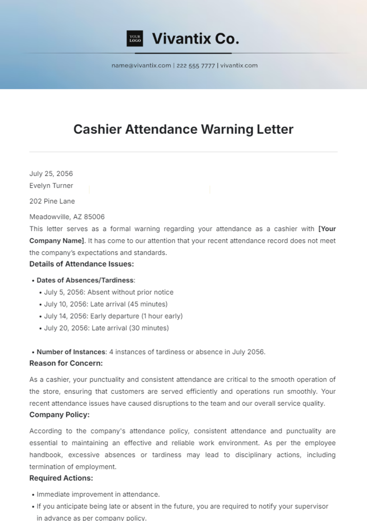 Cashier Attendance Warning Letter Template - Edit Online & Download