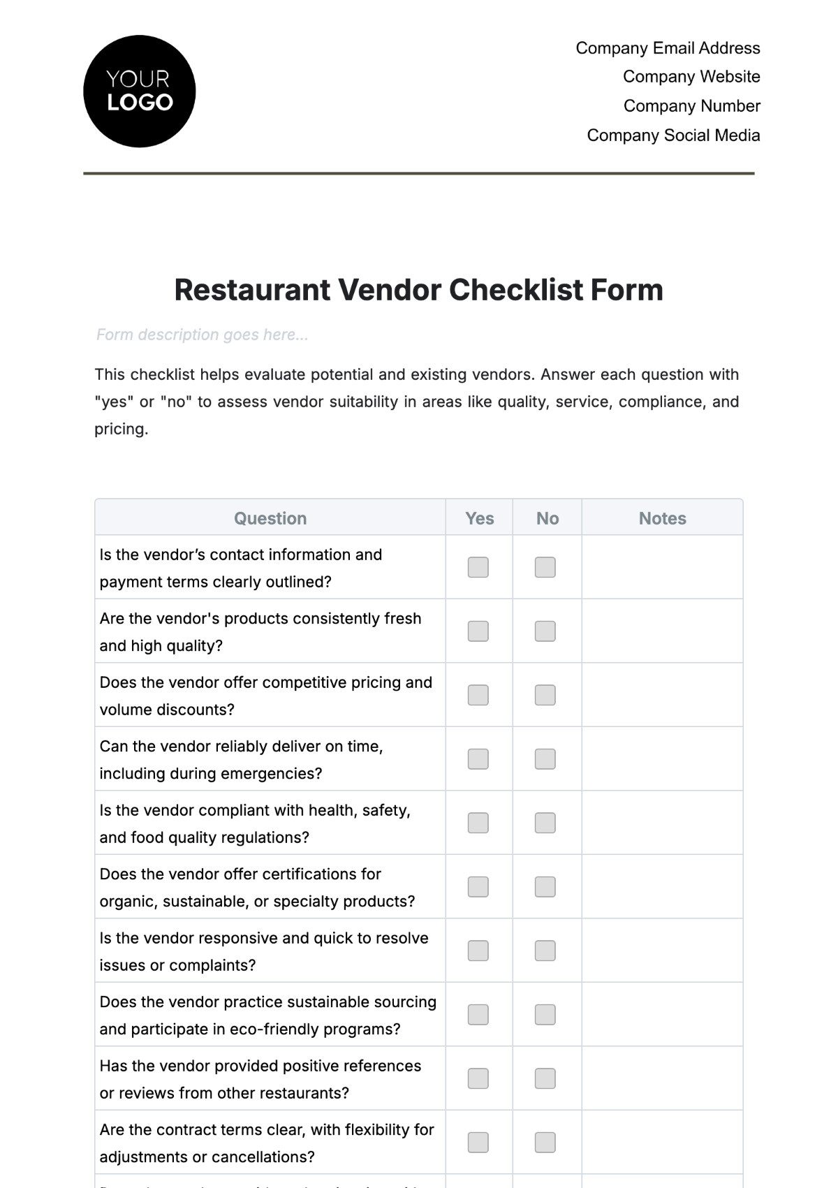 Restaurant Vendor Checklist Form Template - Edit Online & Download