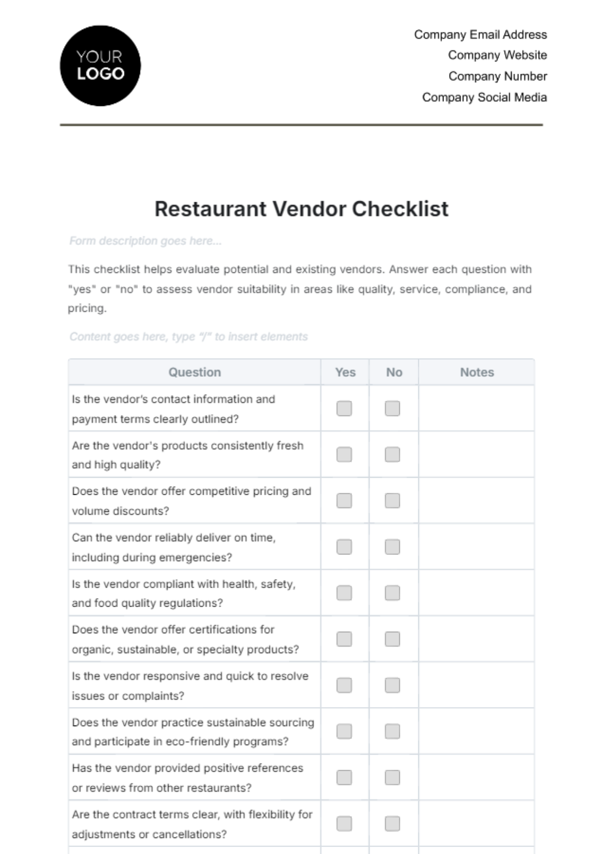 Restaurant Vendor Checklist Template