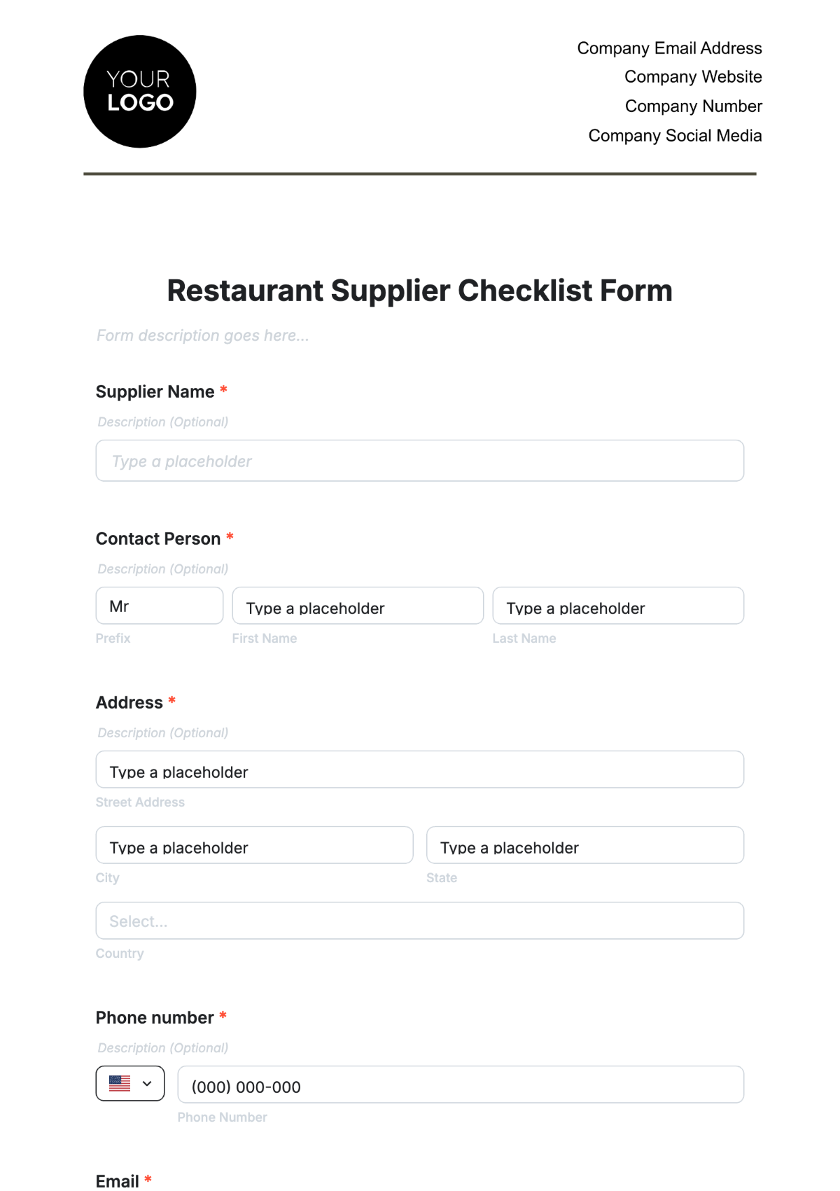 Restaurant Supplier Checklist Form Template - Edit Online & Download