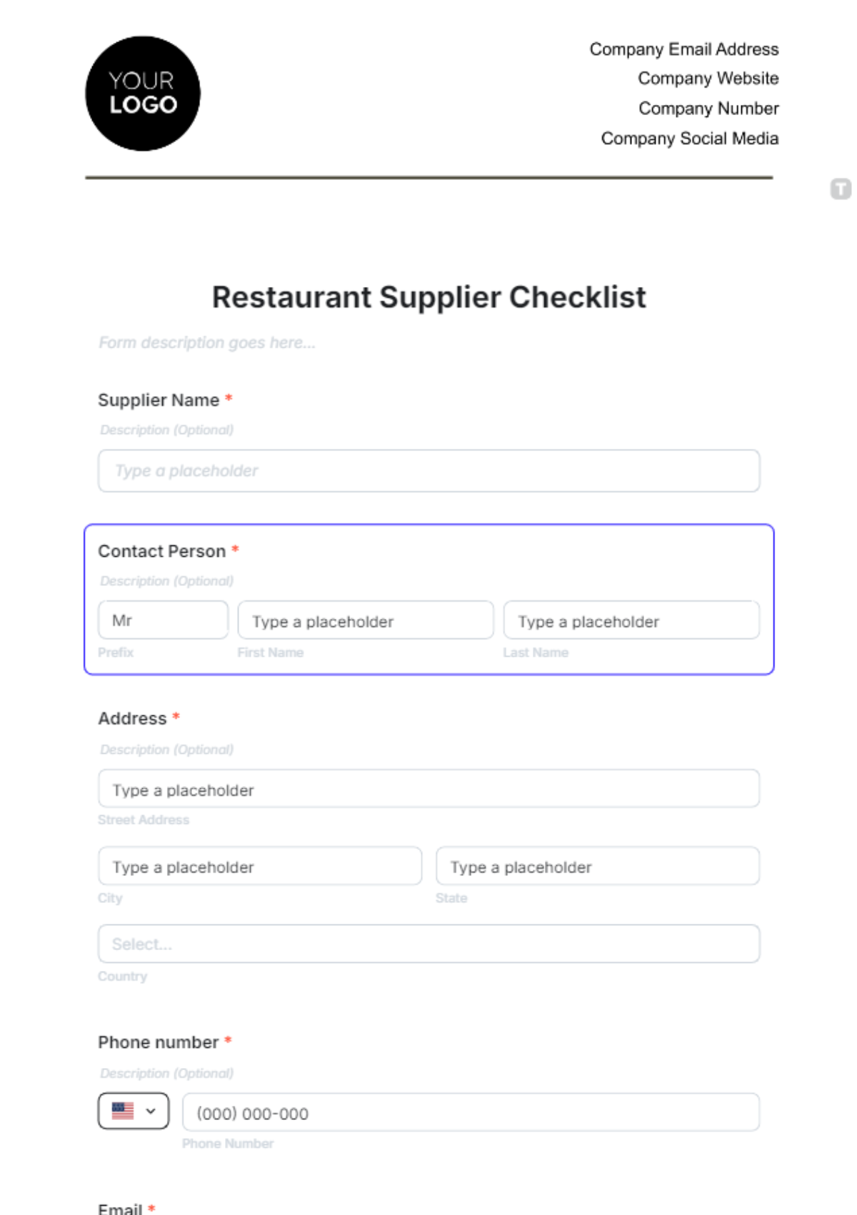 Restaurant Supplier Checklist Template