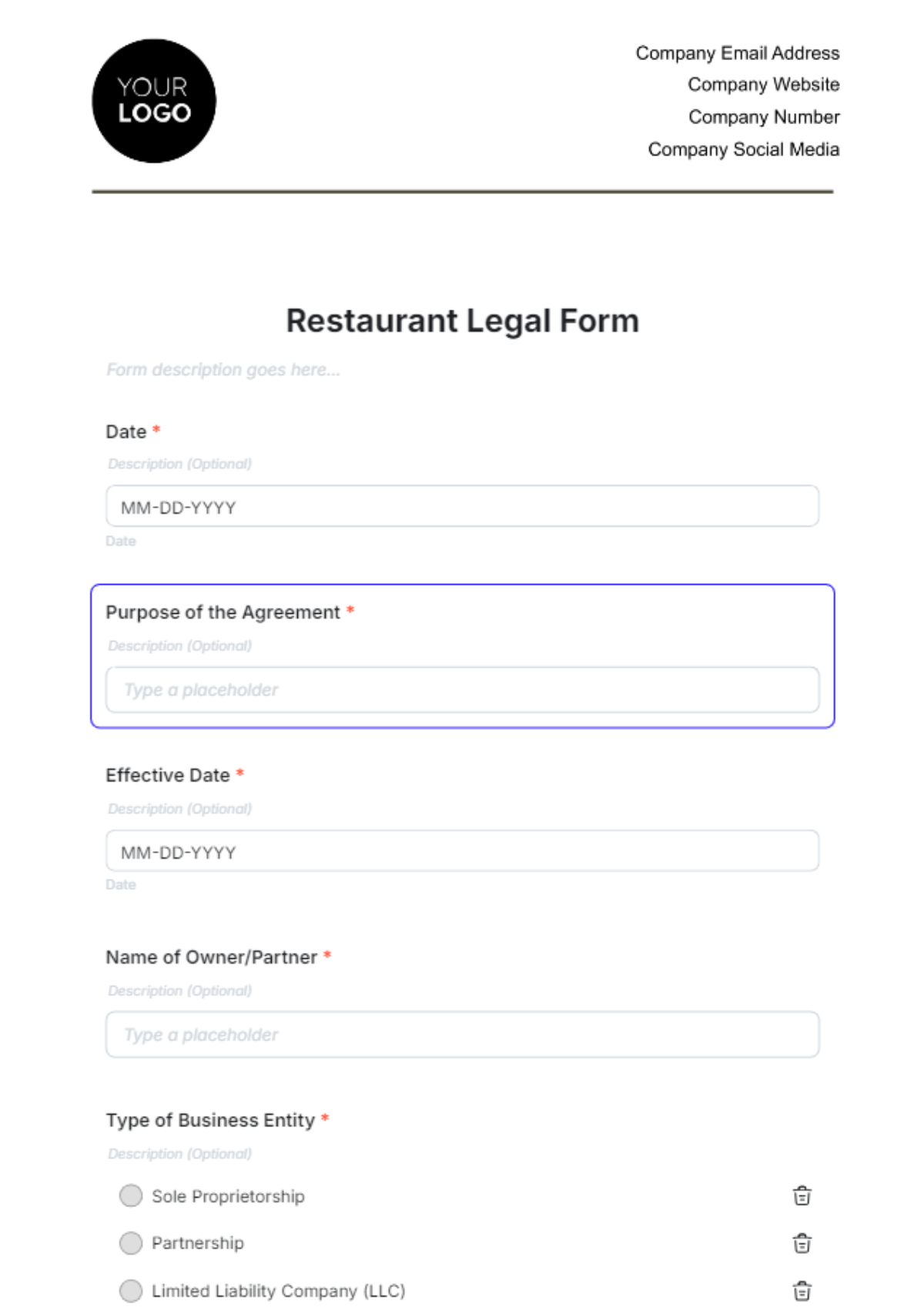 Restaurant Legal Form Template