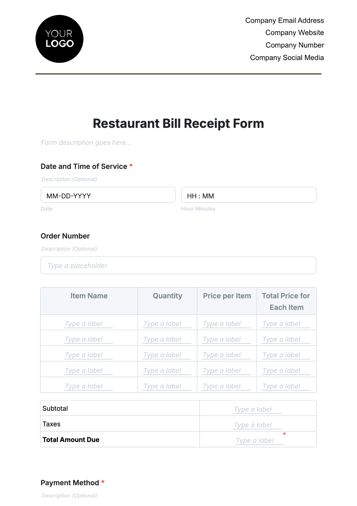 Restaurant Bill Receipt Form Template - Edit Online & Download