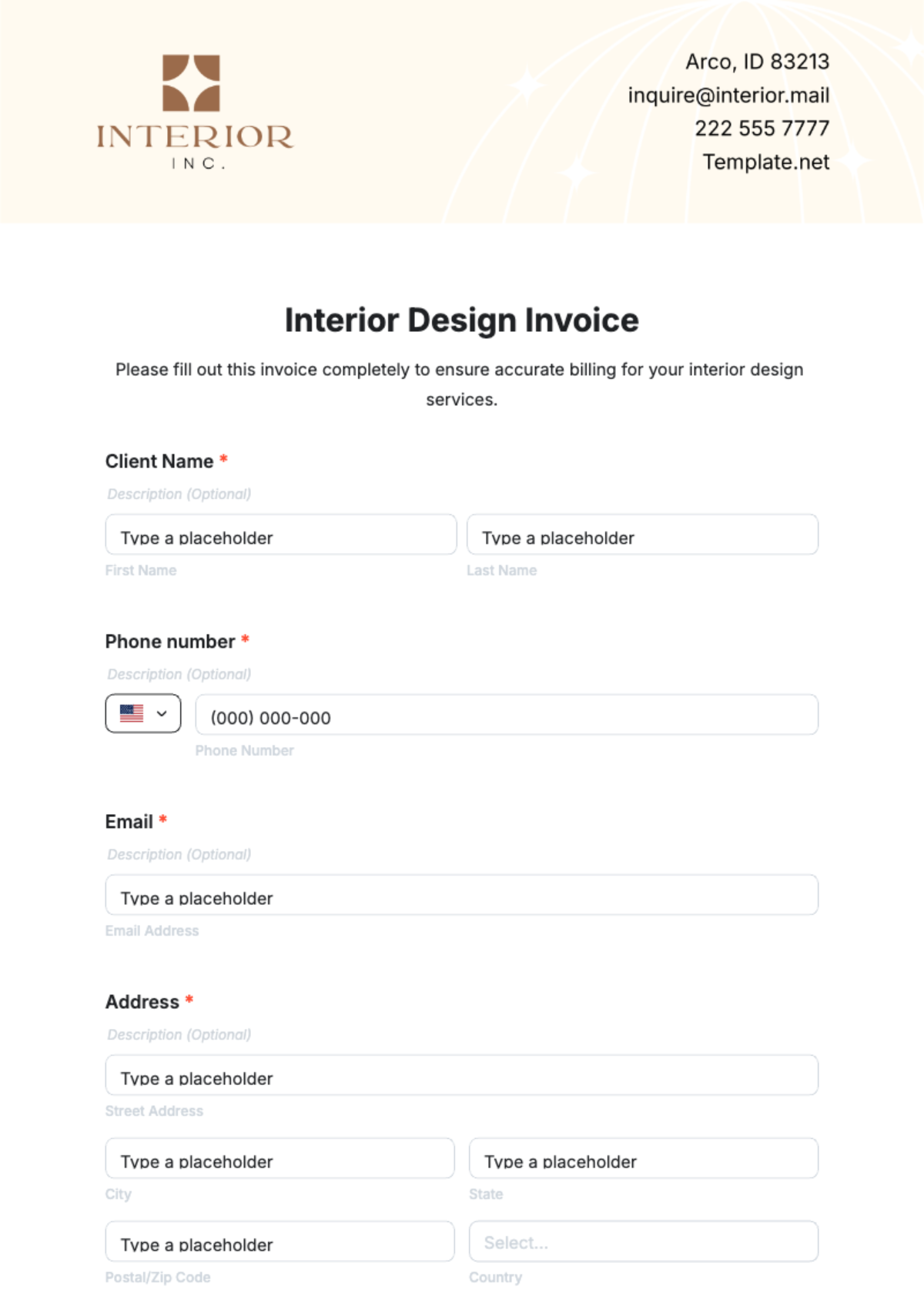 Interior Design Invoice Form Template