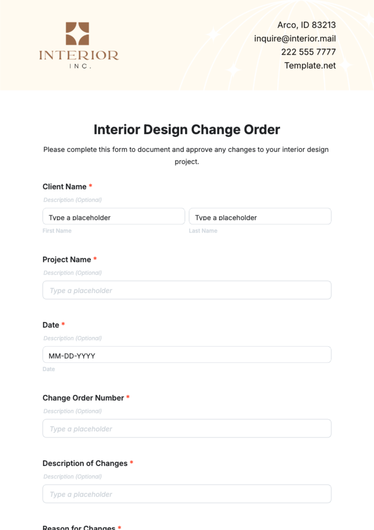 Interior Design Change Order Form Template - Edit Online & Download