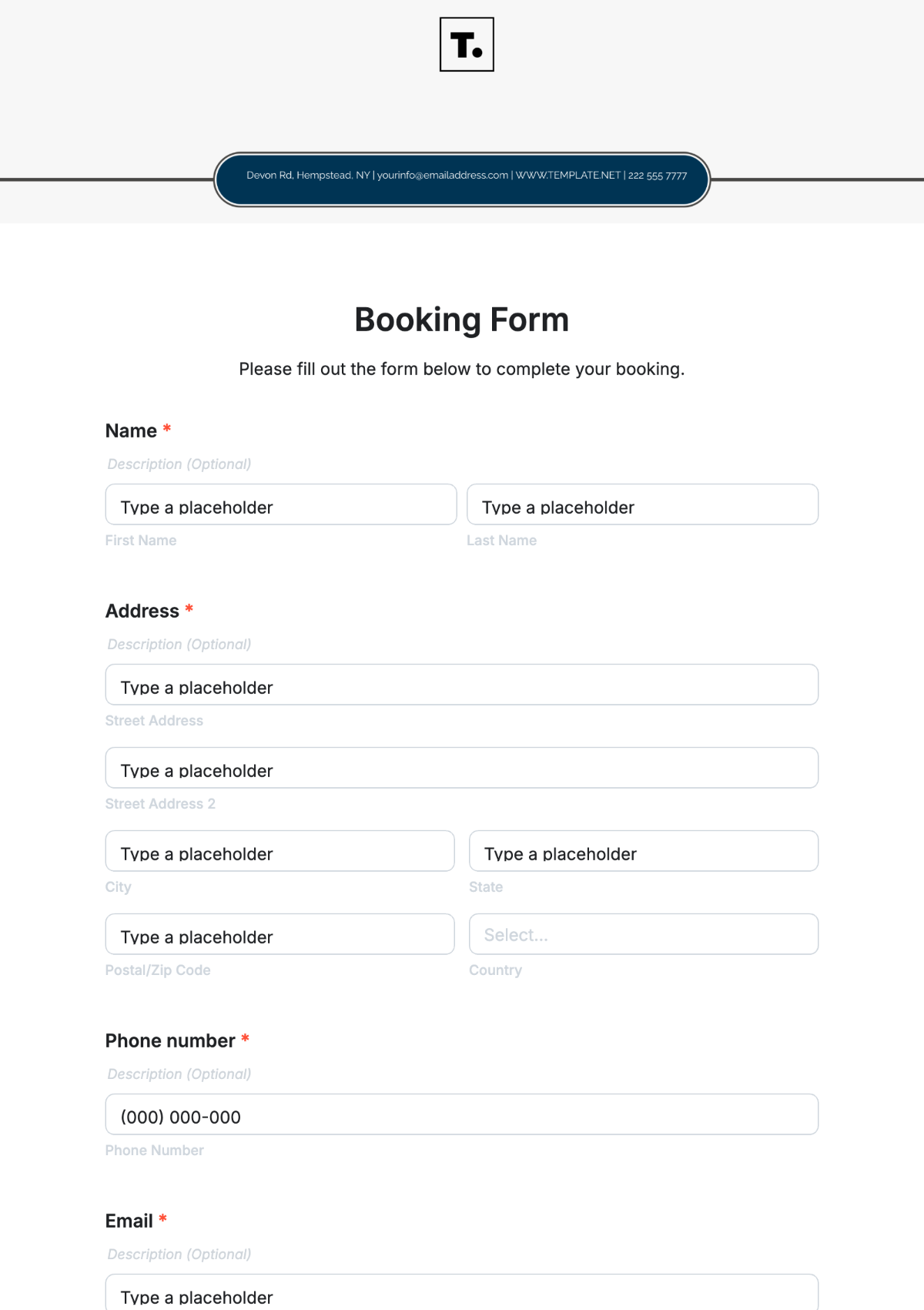 Free Booking Form Template