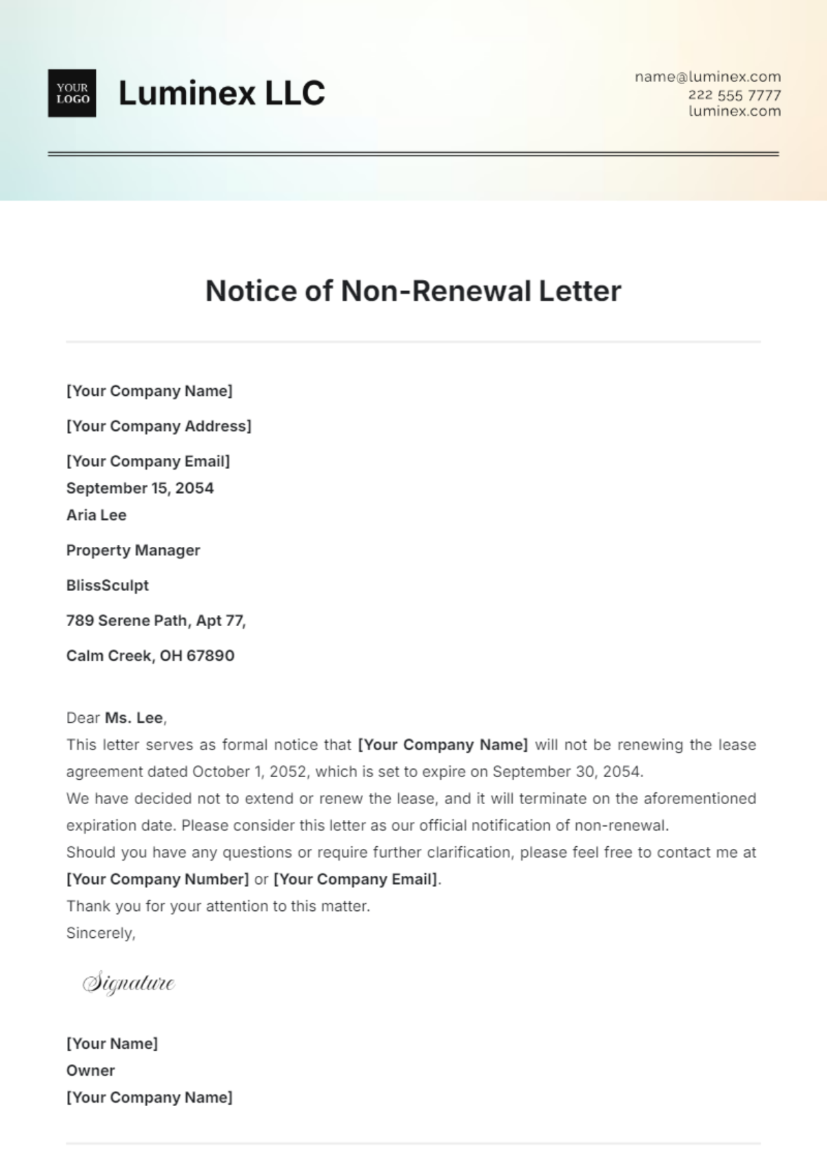 Free Notice of Non-Renewal Letter Template - Edit Online & Download ...