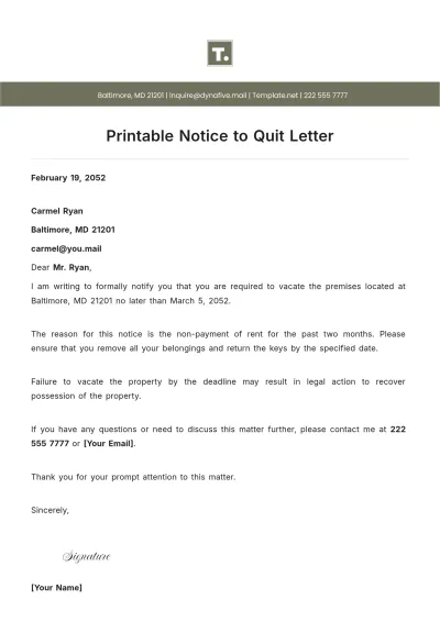 Free Printable Notice to Quit Letter Template to Edit Online