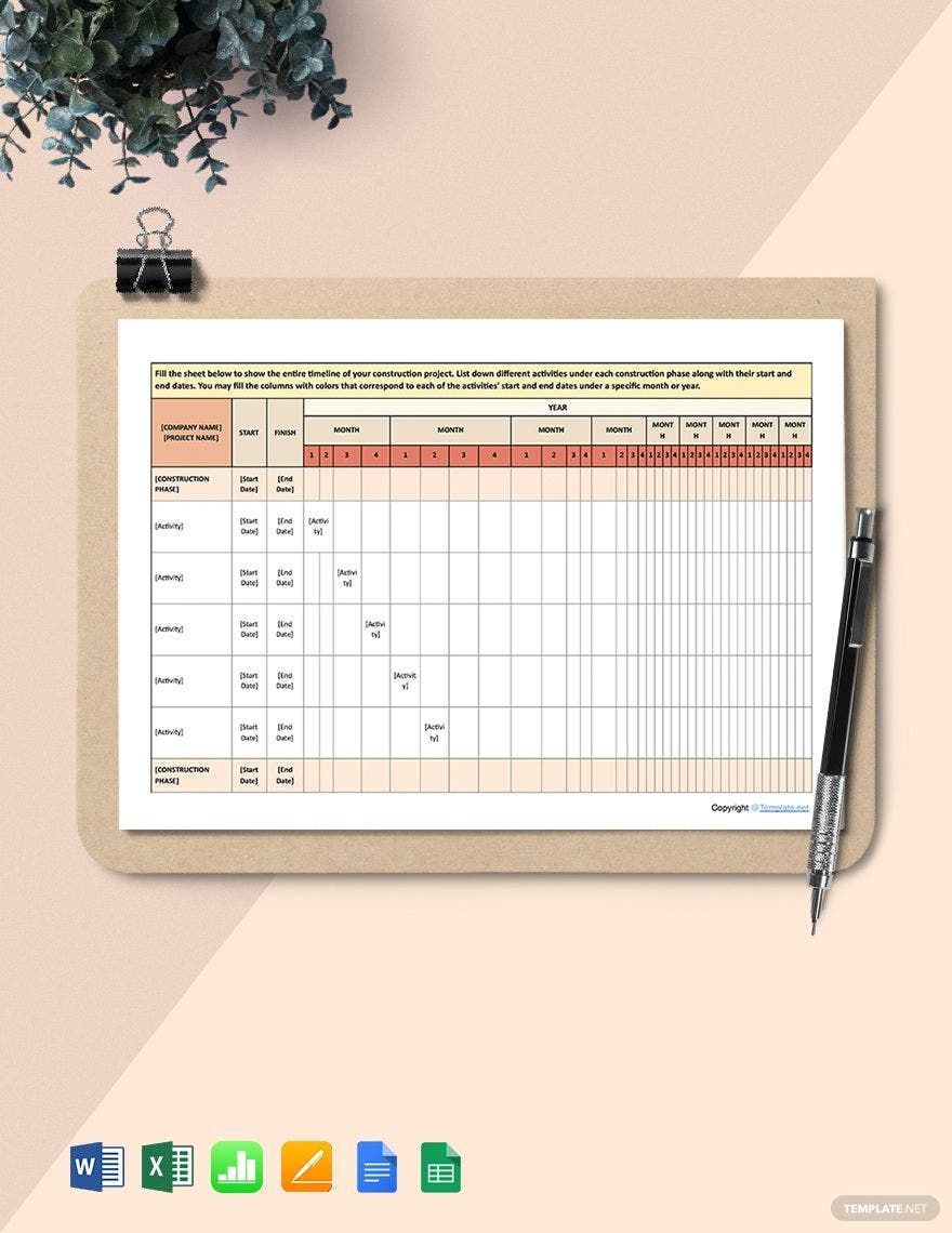 Basic Construction Schedule Template in Word, Google Docs, Excel, Google Sheets, Apple Pages, Apple Numbers