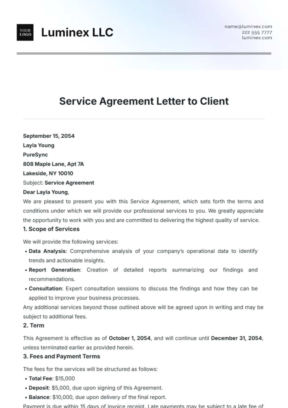 Service Agreement Letter to Client Template - Edit Online & Download