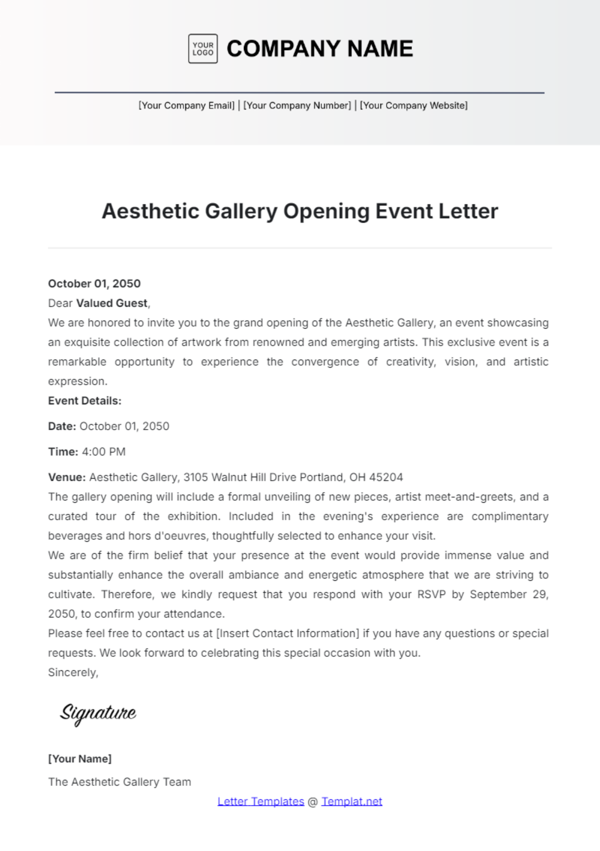 Aesthetic Gallery Opening Event  Letter Template - Edit Online & Download