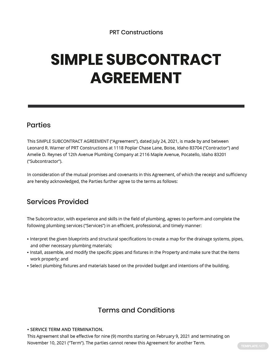 Simple Subcontract Agreement Template Google Docs Word Apple Pages 