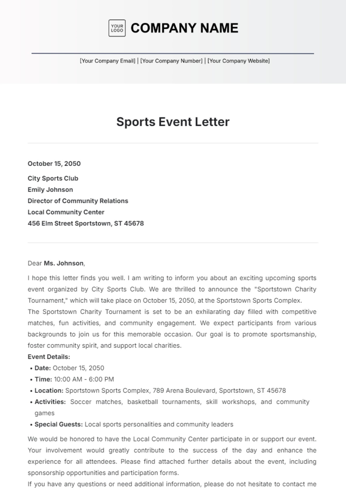 Sports Event Letter Template - Edit Online & Download