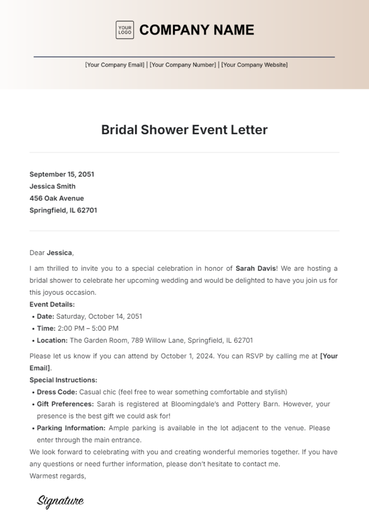 Bridal Shower Event Letter Template - Edit Online & Download