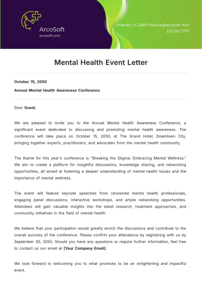Free Mental Health Event  Letter Template to Edit Online