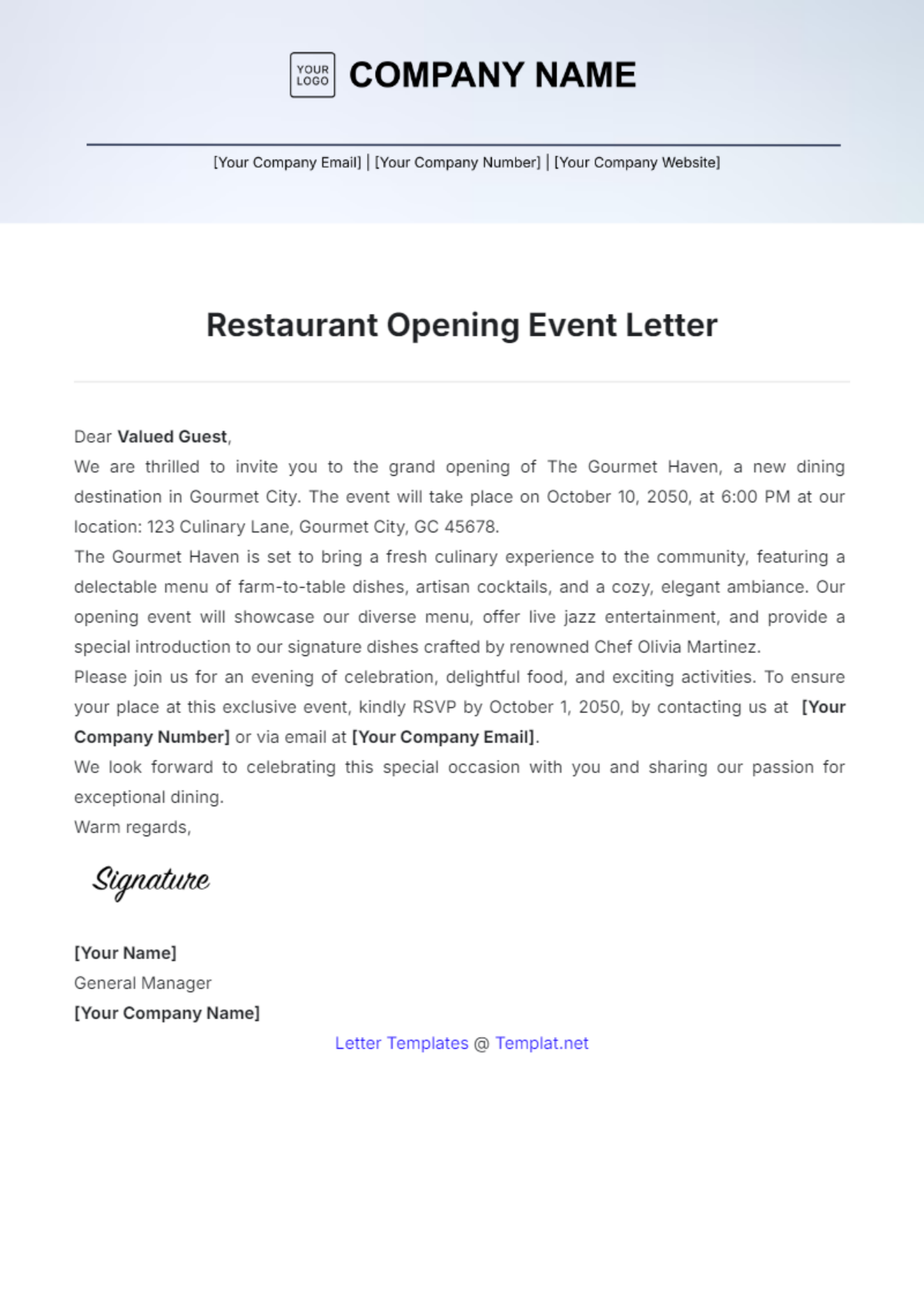 Restaurant Opening Event Letter Template - Edit Online & Download