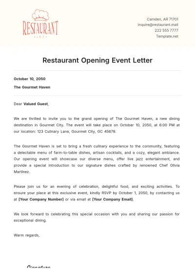 Free Restaurant Opening Event Letter Template to Edit Online