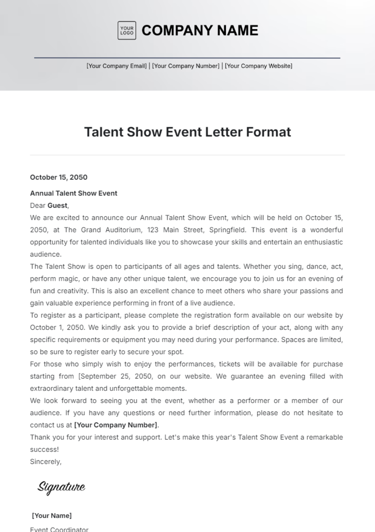 Free Talent Show Event Letter Format Template - Edit Online & Download ...