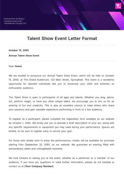 Free Talent Show Event Letter Format Template to Edit Online