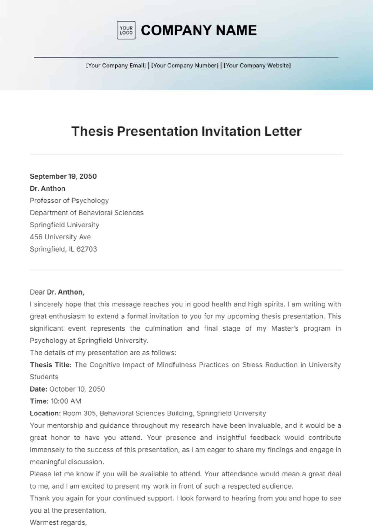 Thesis Presentation Invitation Letter Template - Edit Online & Download