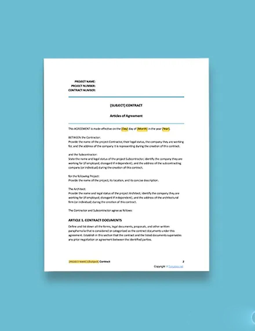 Sample Subcontract Agreement Template