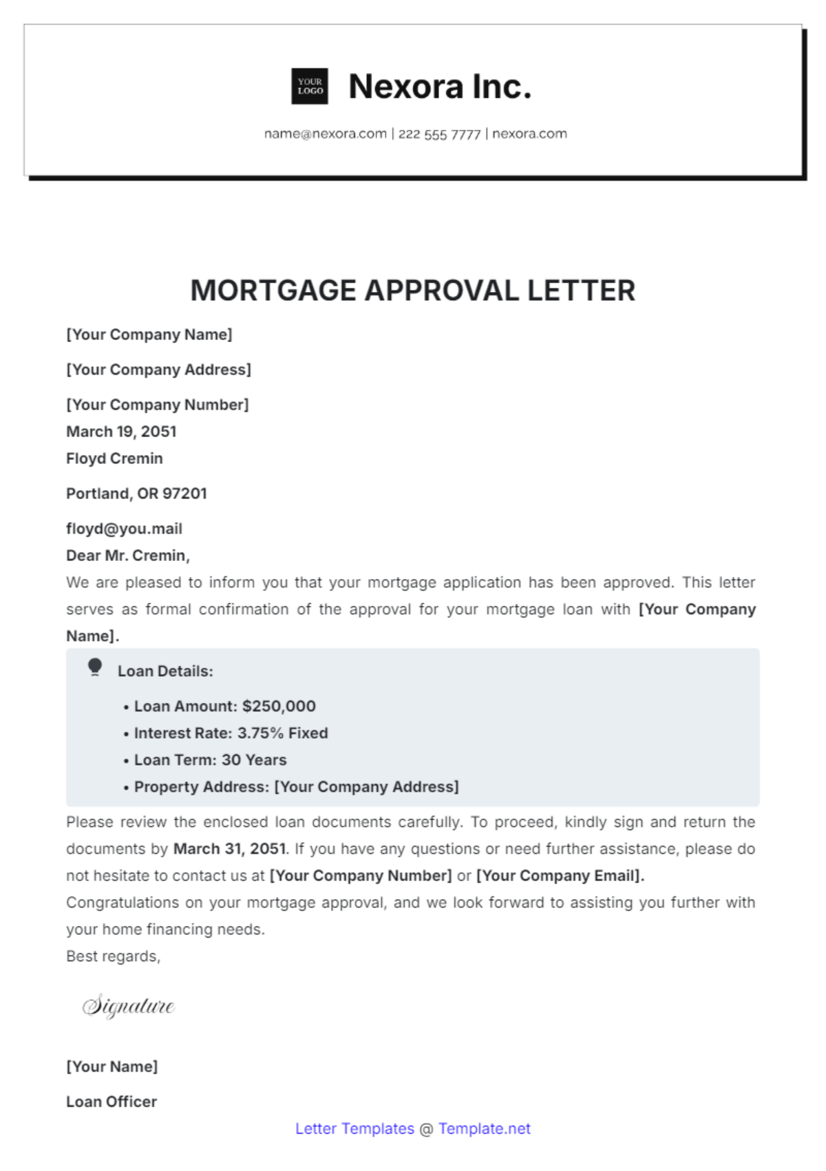 Mortgage Approval Letter Template - Edit Online & Download