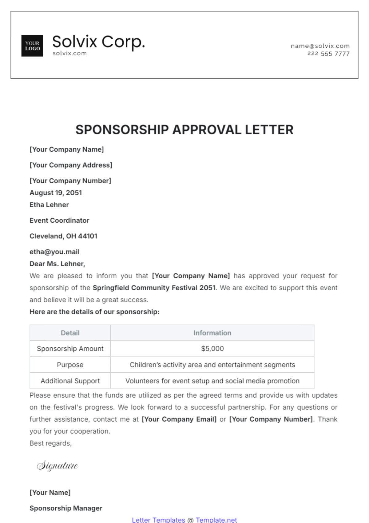 Sponsorship Approval Letter Template - Edit Online & Download