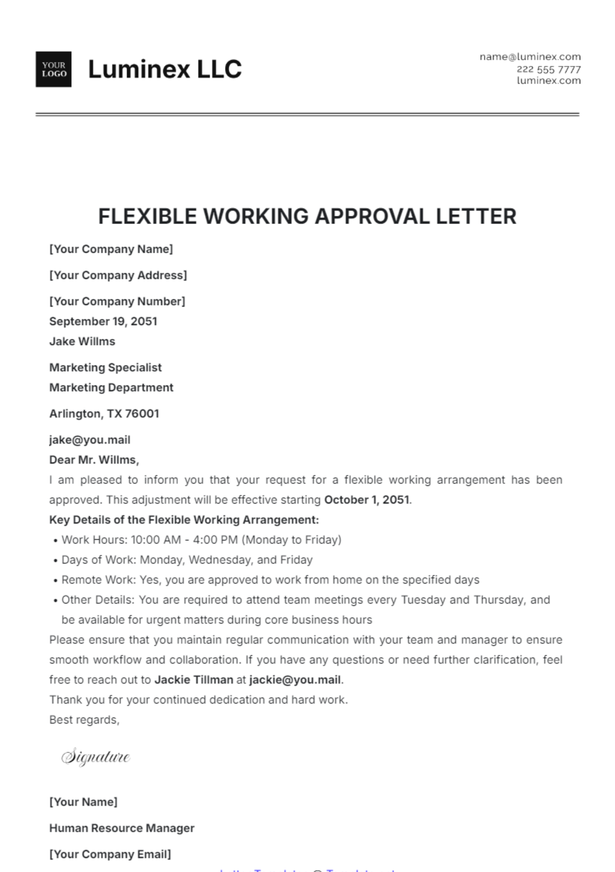 Flexible Working Approval Letter Template - Edit Online & Download